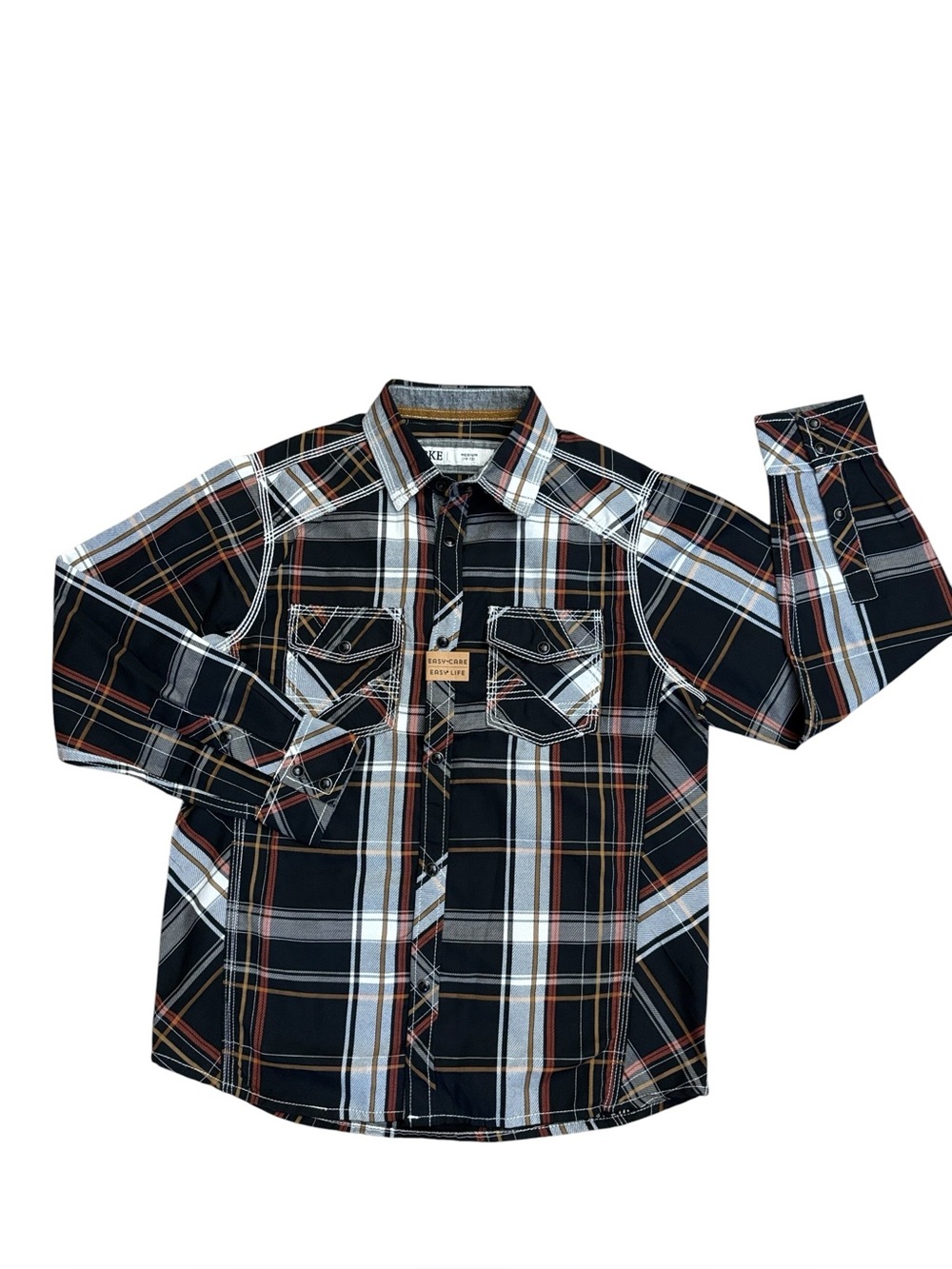 BKE Boys Black Red Plaid Western Long Sleeve Snap Front Shirt Size M (10-12) NWT